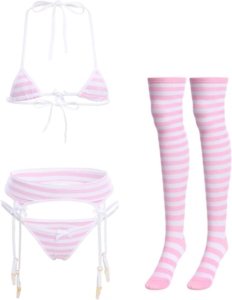 ABAFIP Women Cute Kawaii Anime Lingerie set Halter Strap Micro Bra Tiny Panty Garter Belt Striped Stockings 4Pcs Underwear - Image 1